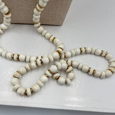 Vintage White Beads Double Strand Necklace Gold Spacer Long Boho Fashion Classic - Thumbnail 5