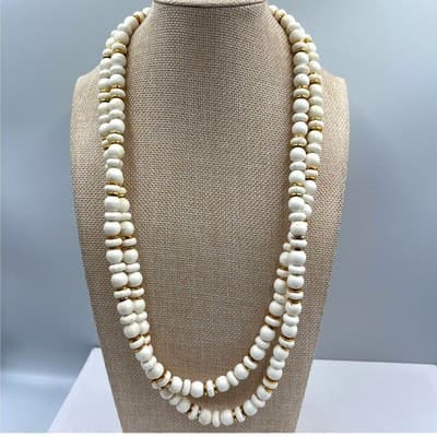 Vintage White Beads Double Strand Necklace Gold Spacer Long Boho Fashion Classic - Image 1