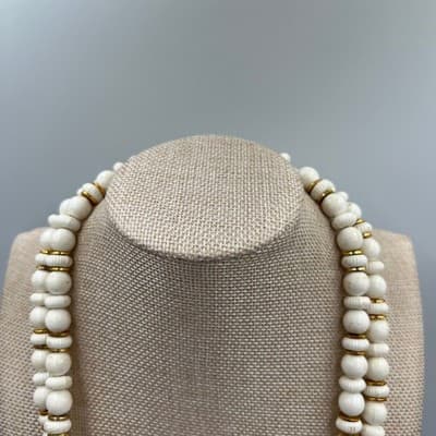 Vintage White Beads Double Strand Necklace Gold Spacer Long Boho Fashion Classic - Thumbnail 2