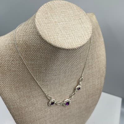 Vintage Silver Tone Purple Oval Stone Necklace Rhinestone Halo Adjustable Chain - Thumbnail 5