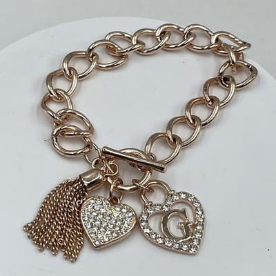 Vintage Guess Gold Tone Charm Bracelet Heart Tassel Rhinestone Initial G Chain - Image 1