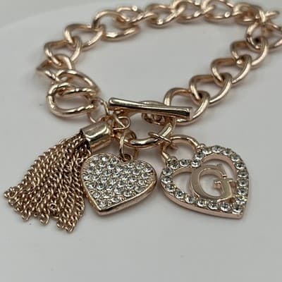Vintage Guess Gold Tone Charm Bracelet Heart Tassel Rhinestone Initial G Chain - Thumbnail 4
