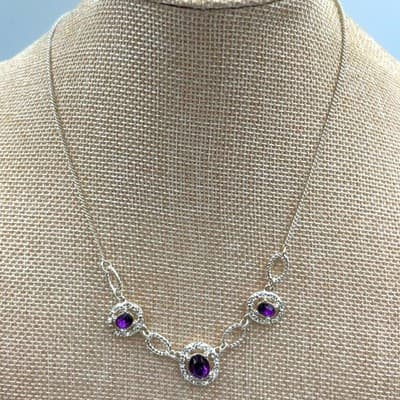 Vintage Silver Tone Purple Oval Stone Necklace Rhinestone Halo Adjustable Chain - Image 1
