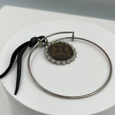 Vintage Repurposed Designer-Inspired Monogram Charm Bangle Bracelet Rhinestone - Thumbnail 2