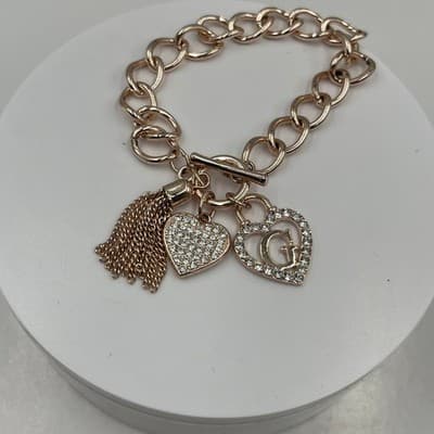 Vintage Guess Gold Tone Charm Bracelet Heart Tassel Rhinestone Initial G Chain - Thumbnail 2