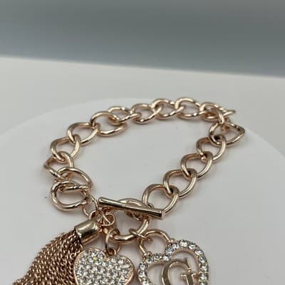 Vintage Guess Gold Tone Charm Bracelet Heart Tassel Rhinestone Initial G Chain - Thumbnail 3