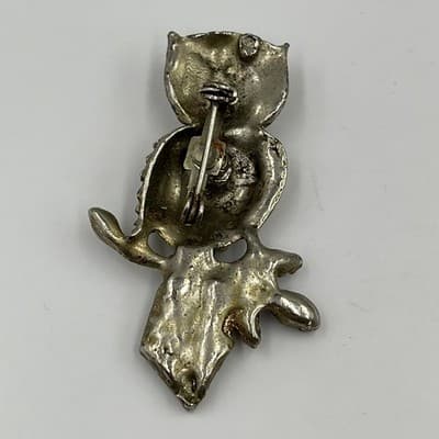 Vintage Owl Brooch Gold Tone Faux Pearl Rhinestone Green Eye Figural Pin Classic - Thumbnail 6