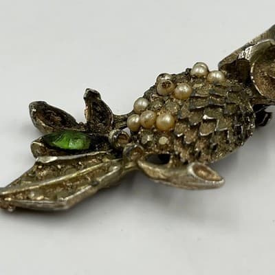 Vintage Owl Brooch Gold Tone Faux Pearl Rhinestone Green Eye Figural Pin Classic - Thumbnail 5