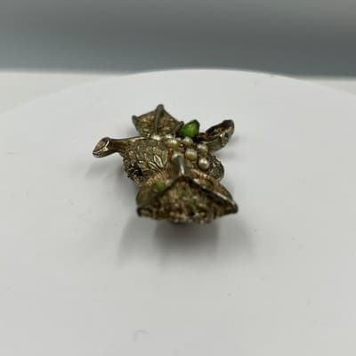 Vintage Owl Brooch Gold Tone Faux Pearl Rhinestone Green Eye Figural Pin Classic - Thumbnail 4