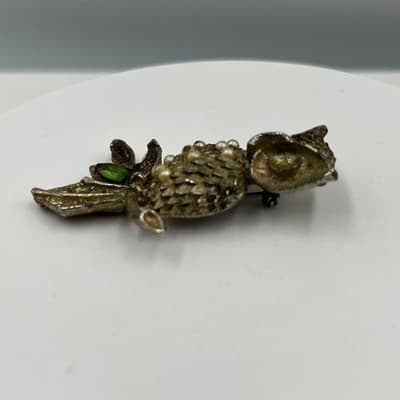 Vintage Owl Brooch Gold Tone Faux Pearl Rhinestone Green Eye Figural Pin Classic - Thumbnail 3