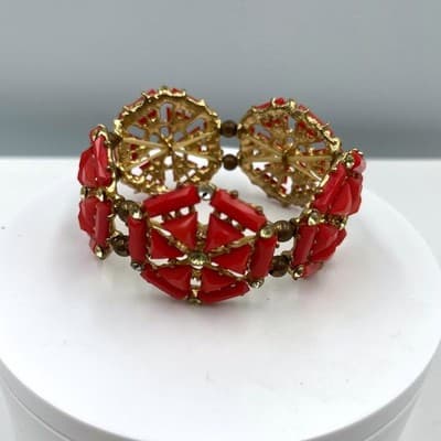 Vintgae Red Statement Bracelet Gold Tone Geometric Panels Rhinestone Accents - Image 1