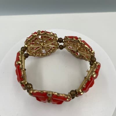 Vintgae Red Statement Bracelet Gold Tone Geometric Panels Rhinestone Accents - Thumbnail 2