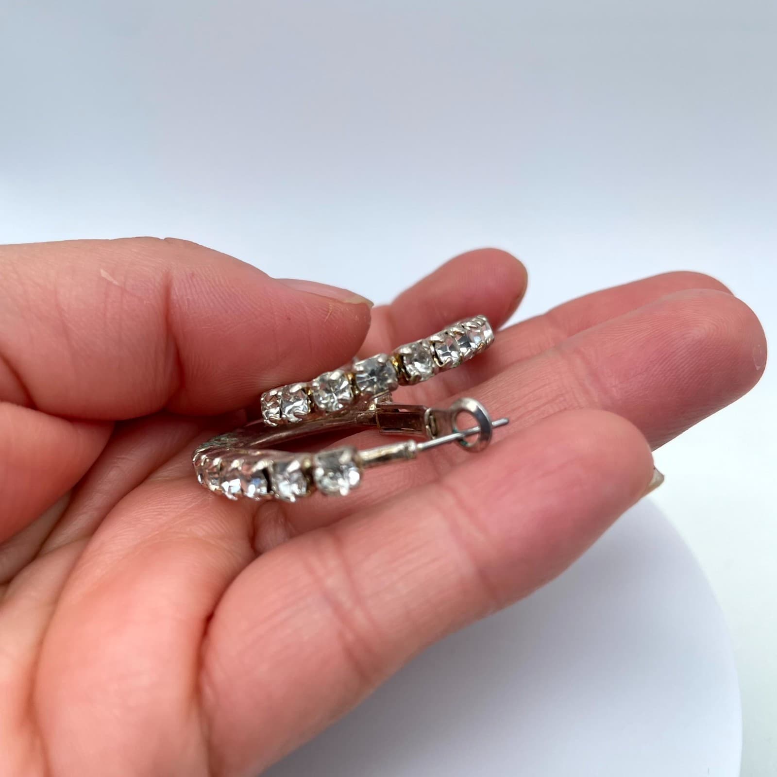 Classic Silver-Tone Fashion Prong Faceted Rhinestone Hoop Hinged Clasp Earrings - Thumbnail 9