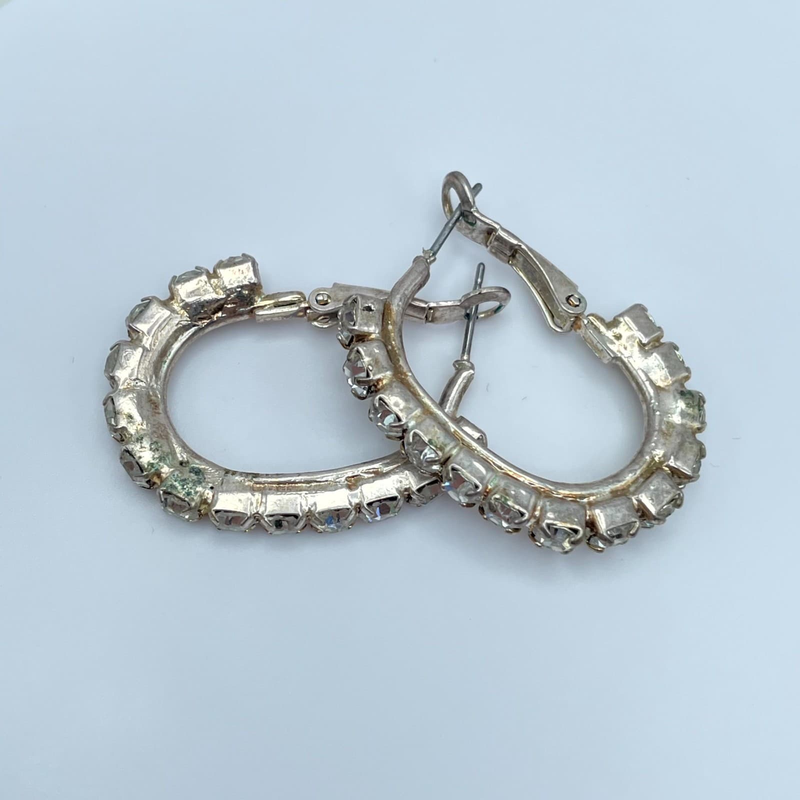 Classic Silver-Tone Fashion Prong Faceted Rhinestone Hoop Hinged Clasp Earrings - Thumbnail 3
