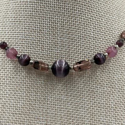 Vintage Purple Beaded Choker Necklace Wire Collar Pink Glass Beads Statement - Thumbnail 3