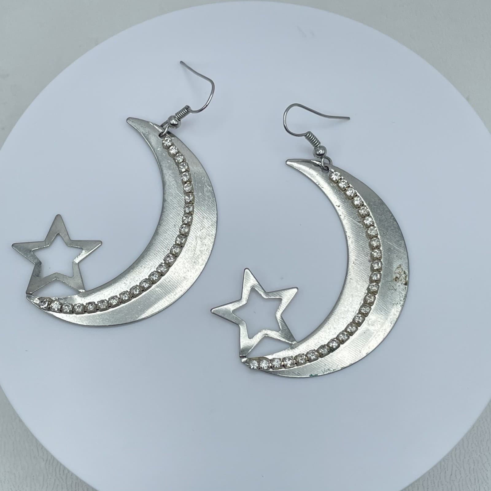 Vintage Boho Silver Moon and Star Drop Earrings Celestial Rhinestone Statement - Thumbnail 6
