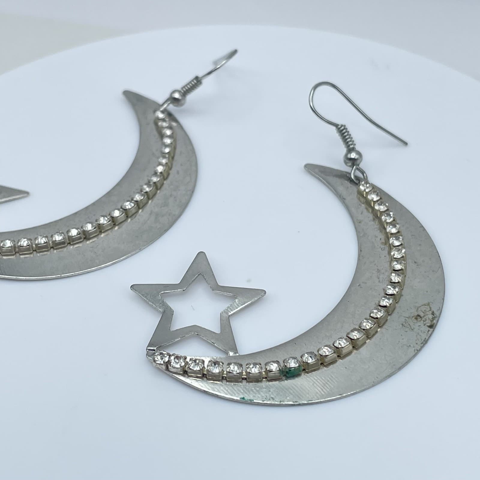Vintage Boho Silver Moon and Star Drop Earrings Celestial Rhinestone Statement - Thumbnail 7