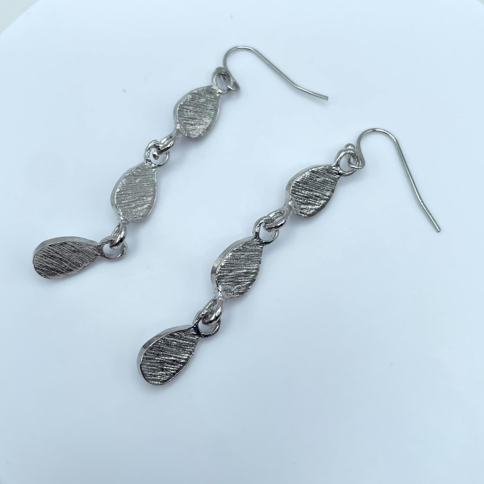 Silver-Tone Iridescent Glass Triple-Tiered Teardrop Dangle French Hook Earrings - Thumbnail 4