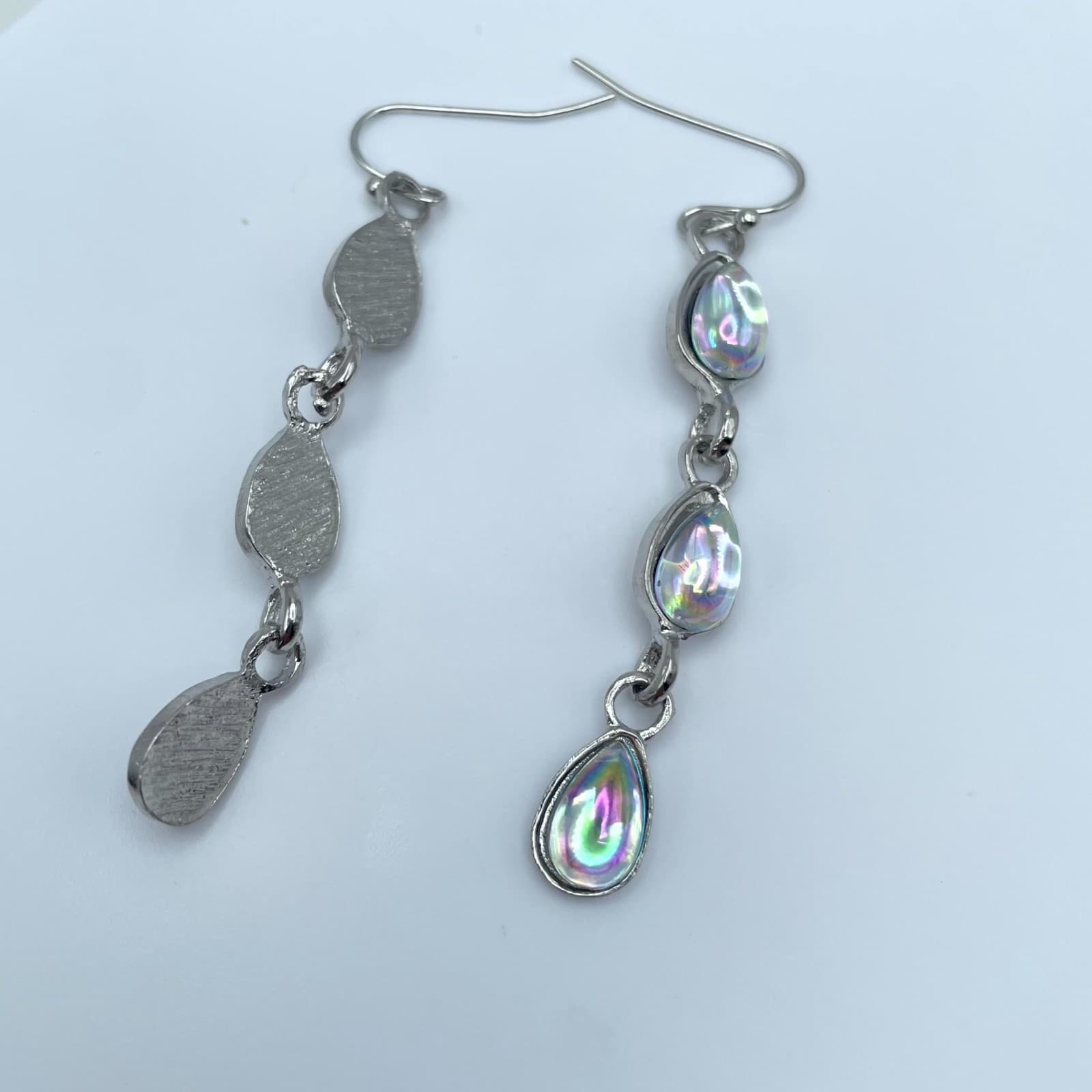 Silver-Tone Iridescent Glass Triple-Tiered Teardrop Dangle French Hook Earrings - Thumbnail 3