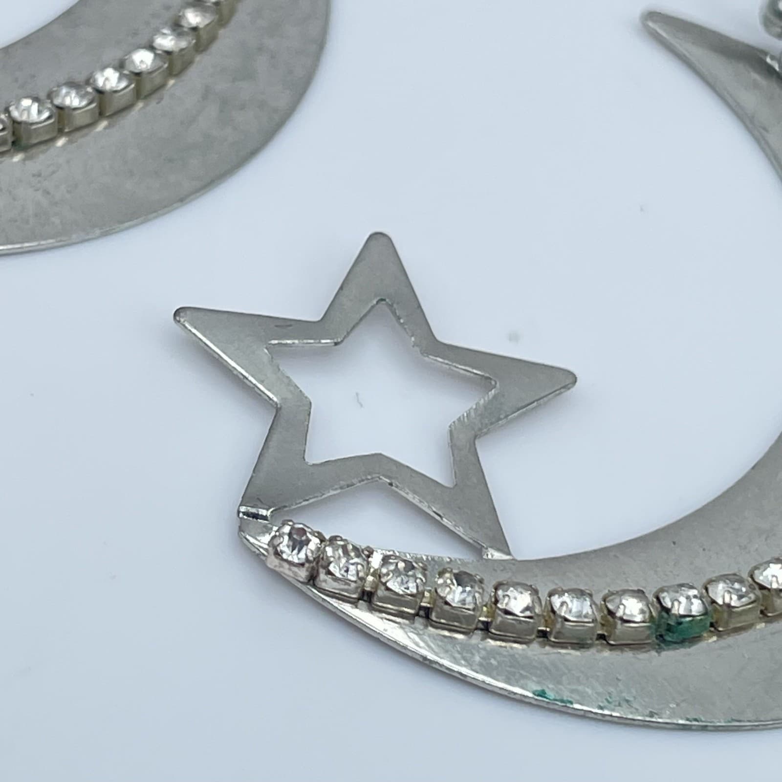 Vintage Boho Silver Moon and Star Drop Earrings Celestial Rhinestone Statement - Thumbnail 9