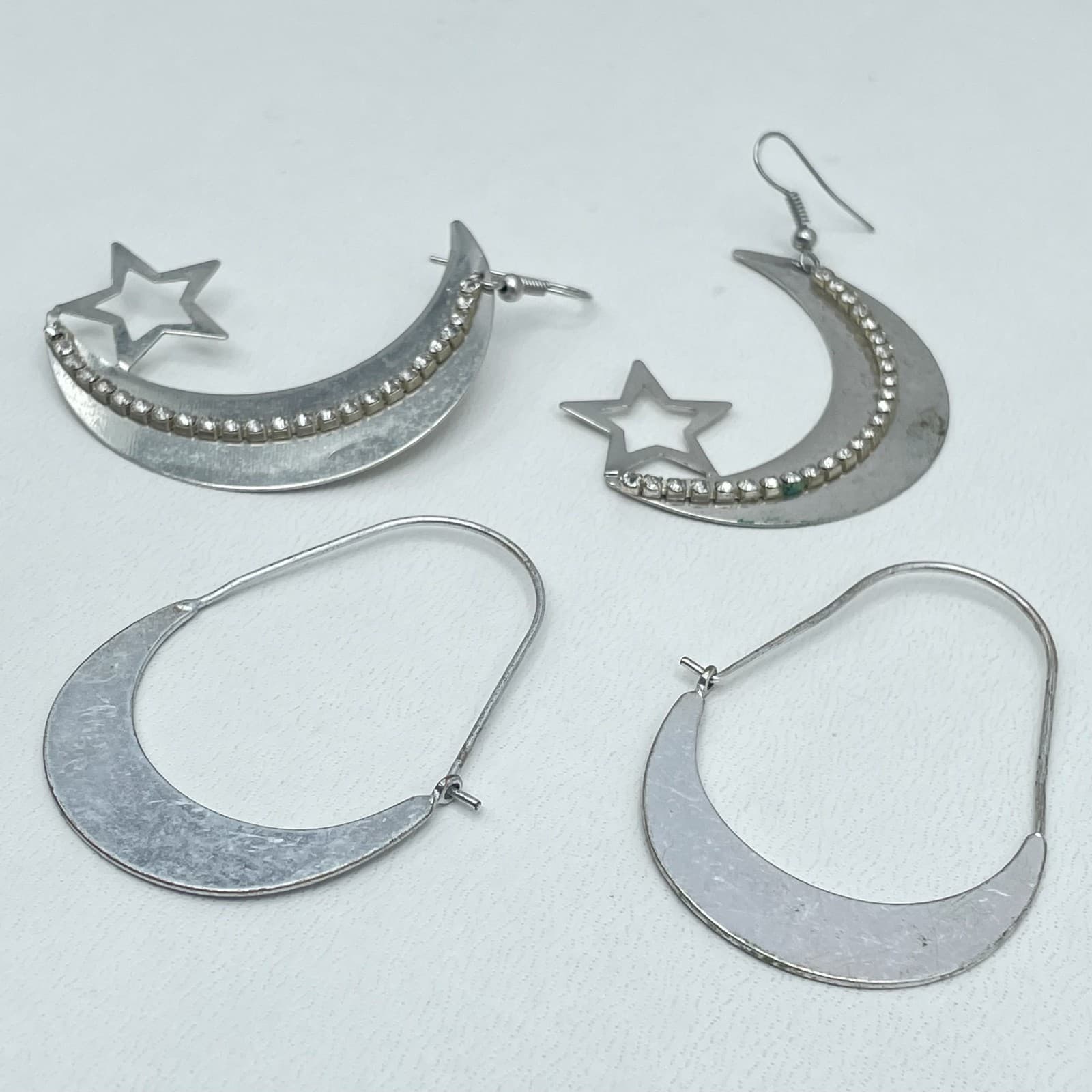 Vintage Boho Silver Moon and Star Drop Earrings Celestial Rhinestone Statement - Image 1