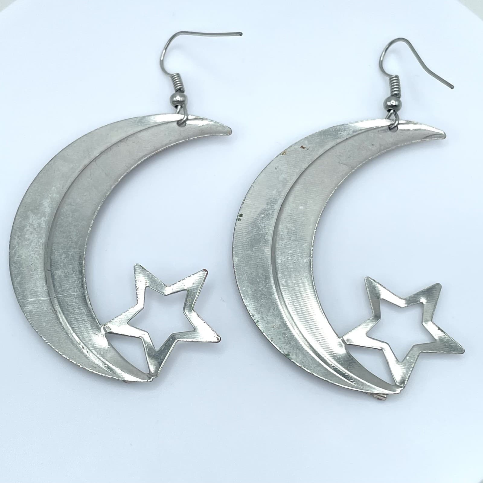 Vintage Boho Silver Moon and Star Drop Earrings Celestial Rhinestone Statement - Thumbnail 5