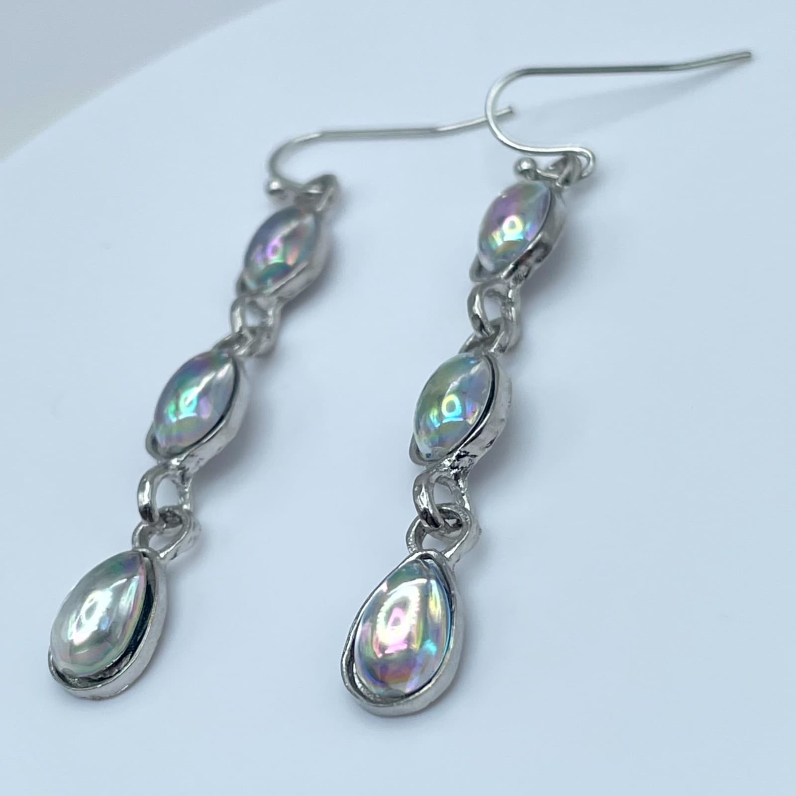 Silver-Tone Iridescent Glass Triple-Tiered Teardrop Dangle French Hook Earrings - Thumbnail 8
