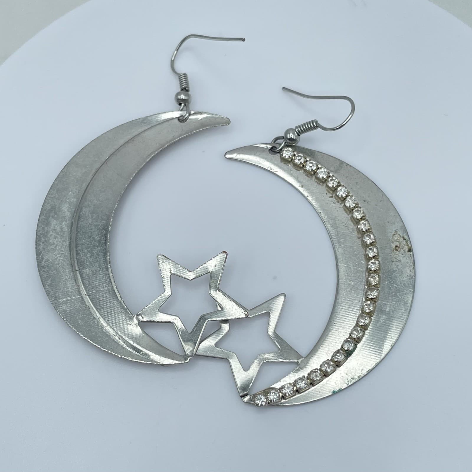 Vintage Boho Silver Moon and Star Drop Earrings Celestial Rhinestone Statement - Thumbnail 4