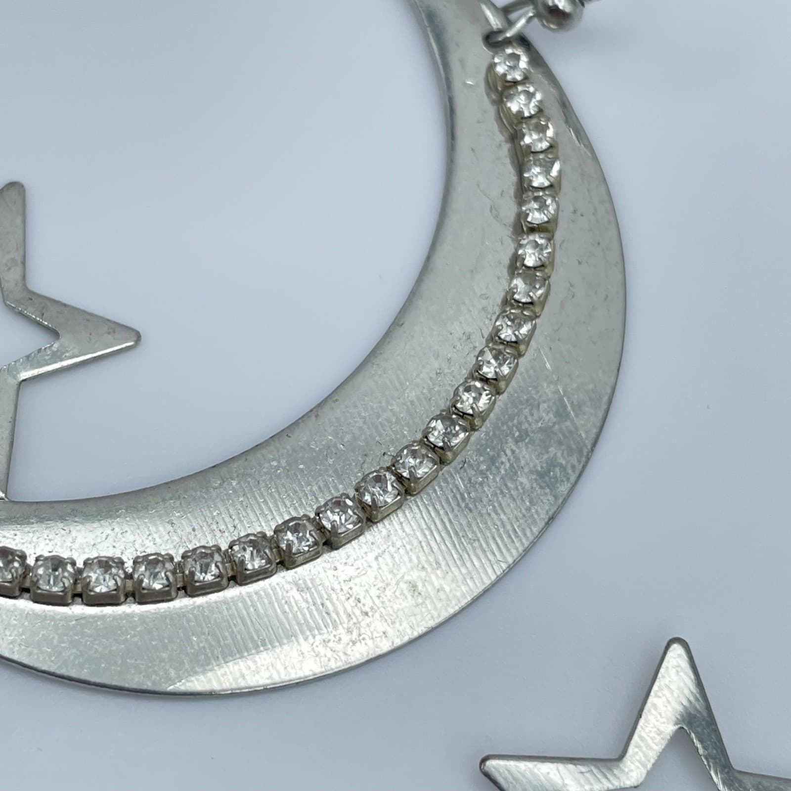 Vintage Boho Silver Moon and Star Drop Earrings Celestial Rhinestone Statement - Thumbnail 11