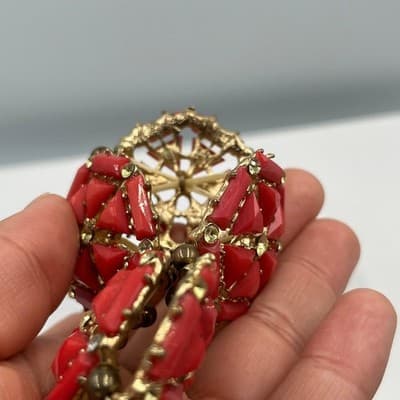 Vintgae Red Statement Bracelet Gold Tone Geometric Panels Rhinestone Accents - Thumbnail 5