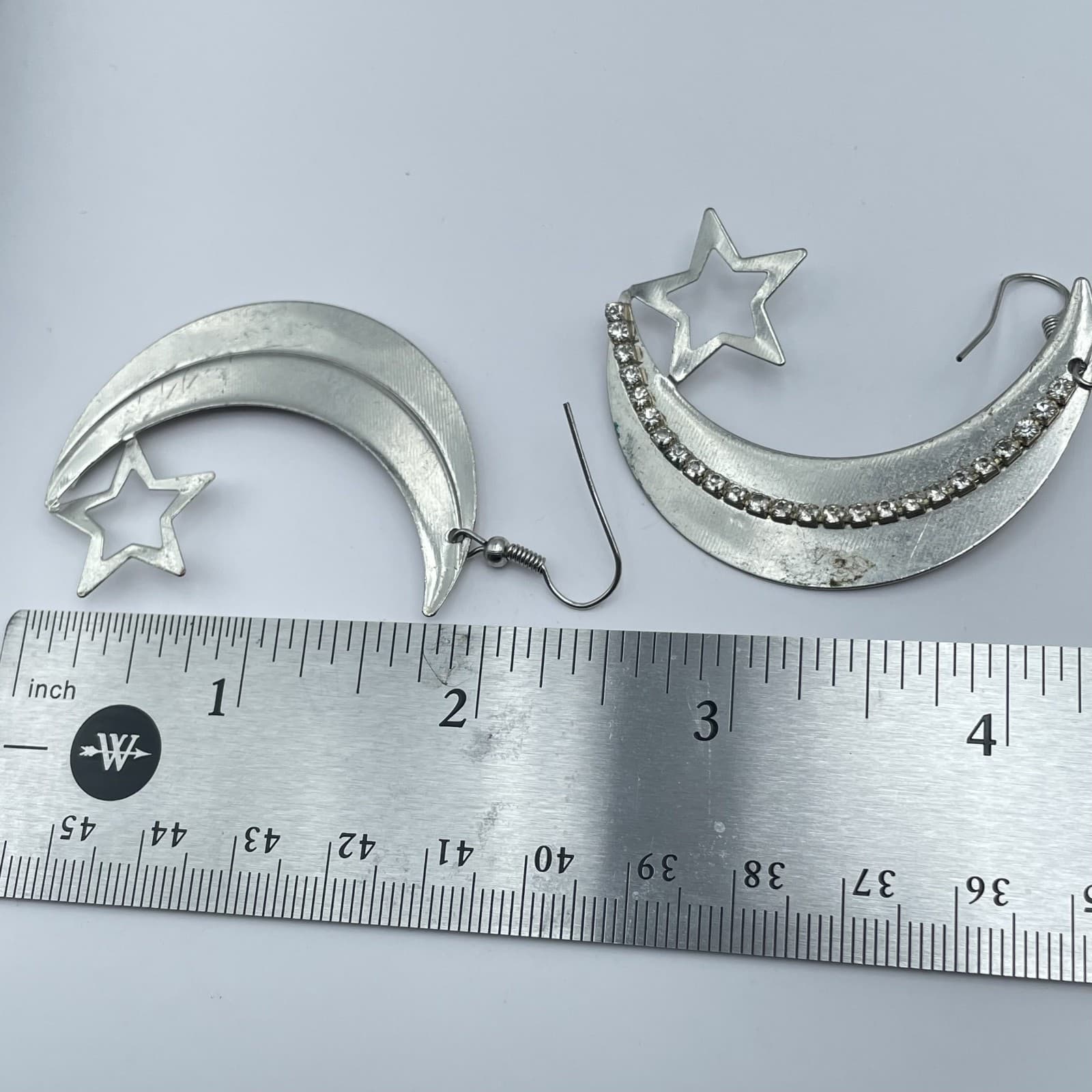 Vintage Boho Silver Moon and Star Drop Earrings Celestial Rhinestone Statement - Thumbnail 3