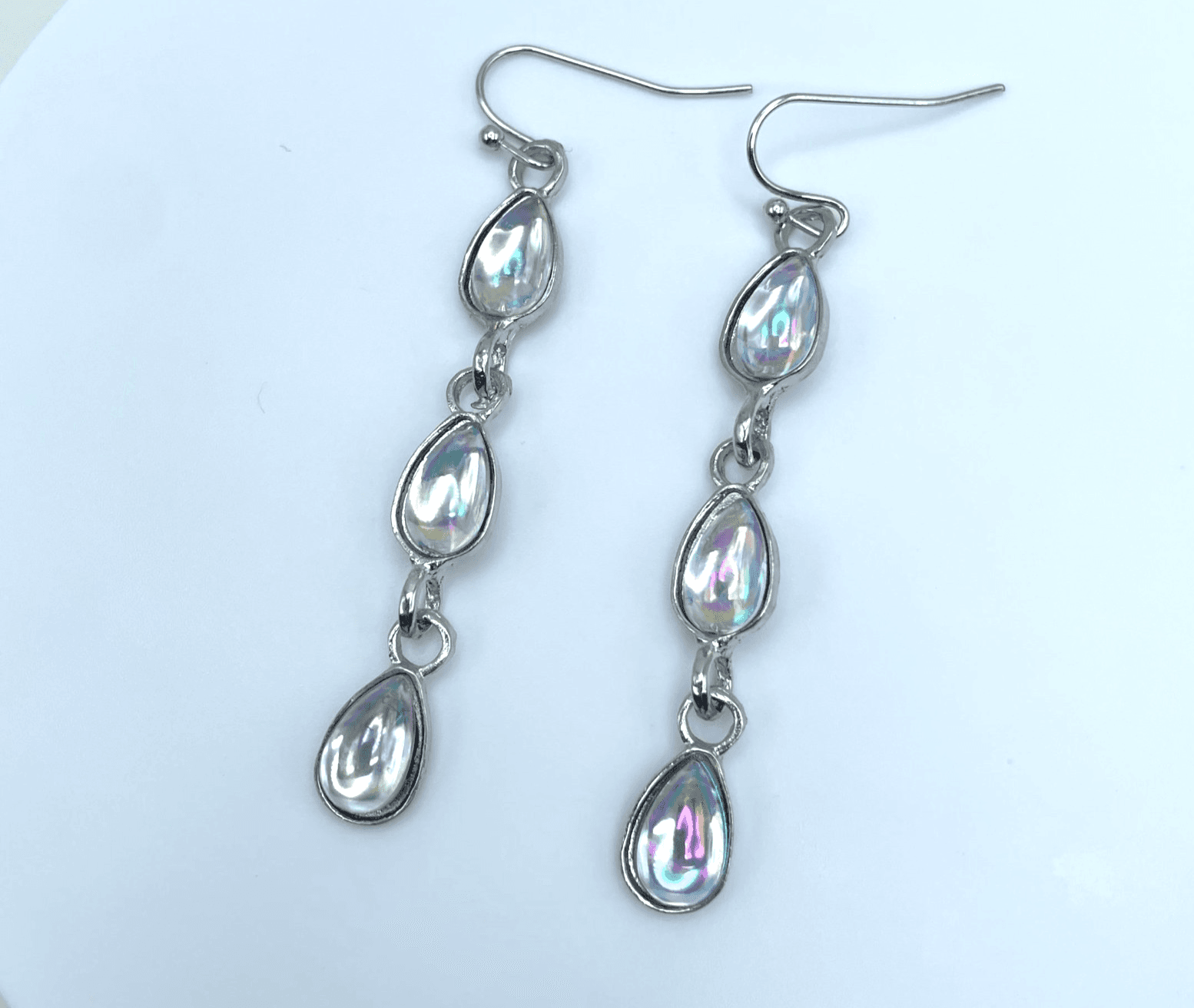 Silver-Tone Iridescent Glass Triple-Tiered Teardrop Dangle French Hook Earrings - Image 1