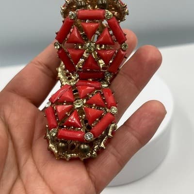 Vintgae Red Statement Bracelet Gold Tone Geometric Panels Rhinestone Accents - Thumbnail 4