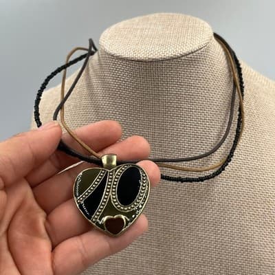 Vintage Multi Strand Cord & Bead Necklace Heart Pendant Black Brown Gold Tone - Thumbnail 5