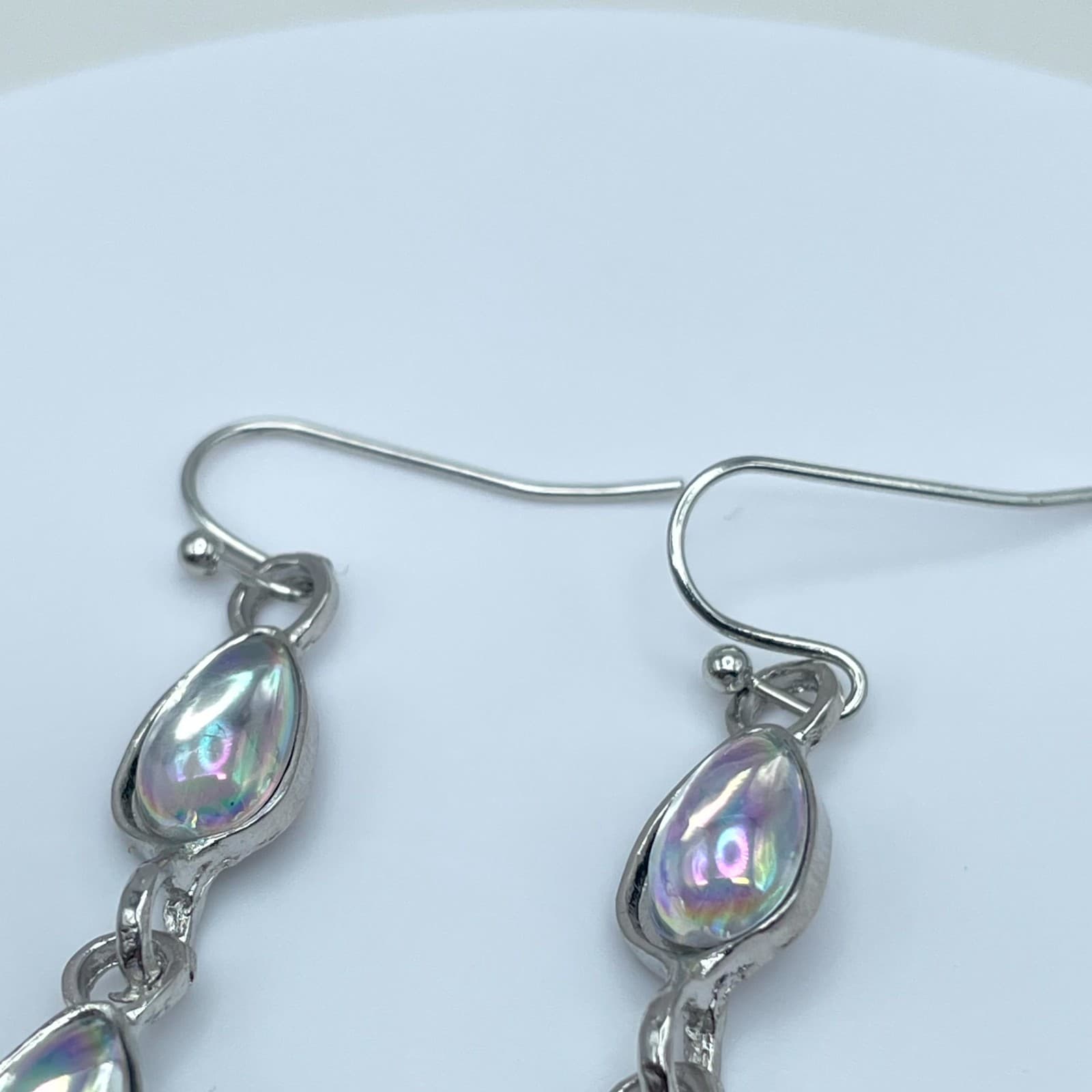 Silver-Tone Iridescent Glass Triple-Tiered Teardrop Dangle French Hook Earrings - Thumbnail 7