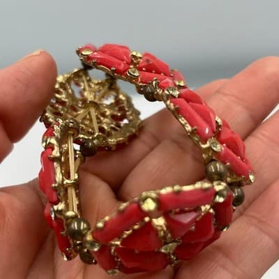 Vintgae Red Statement Bracelet Gold Tone Geometric Panels Rhinestone Accents - Thumbnail 6