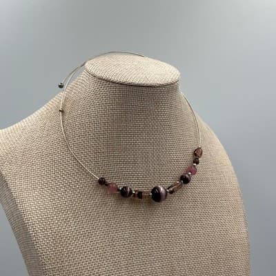 Vintage Purple Beaded Choker Necklace Wire Collar Pink Glass Beads Statement - Thumbnail 4