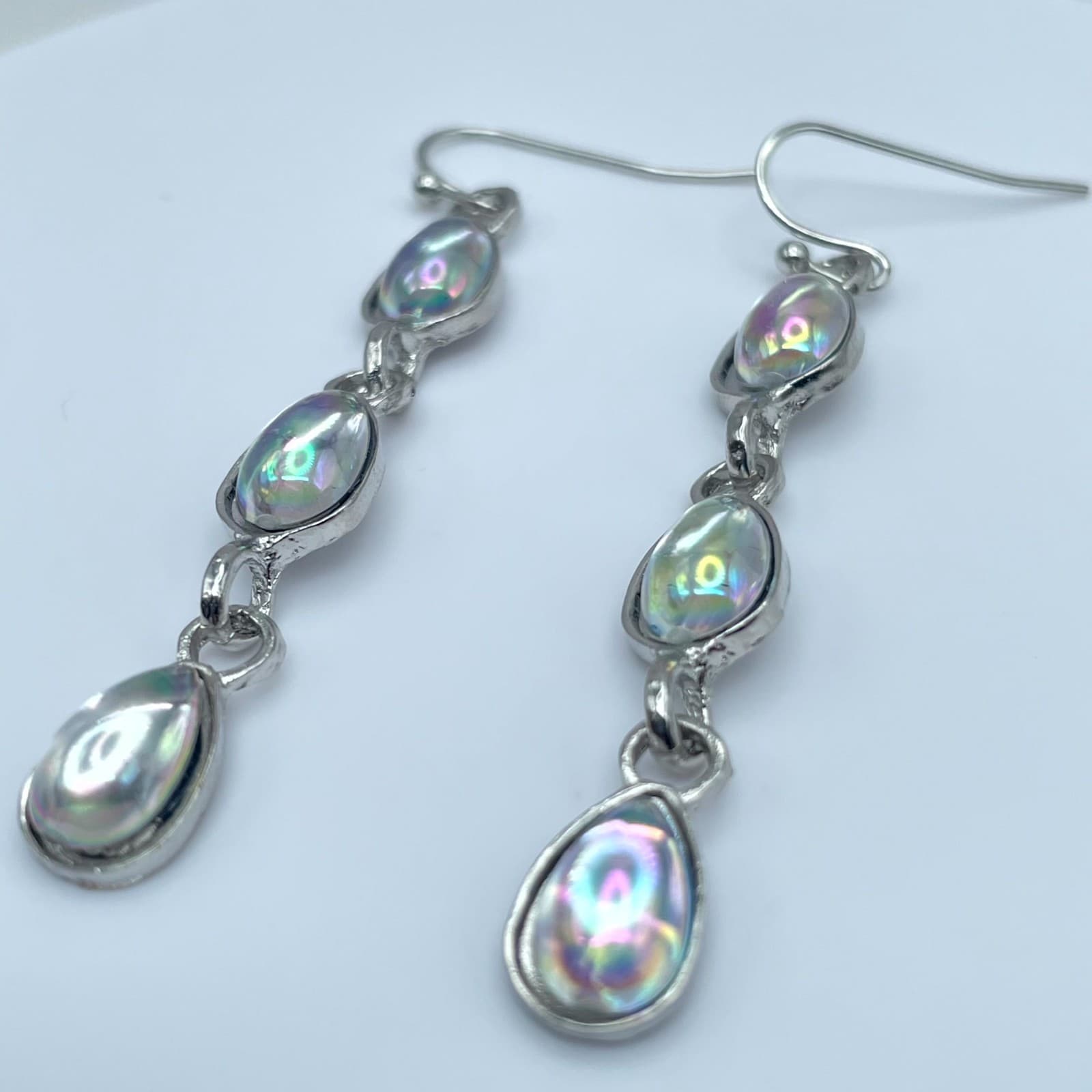 Silver-Tone Iridescent Glass Triple-Tiered Teardrop Dangle French Hook Earrings - Thumbnail 2