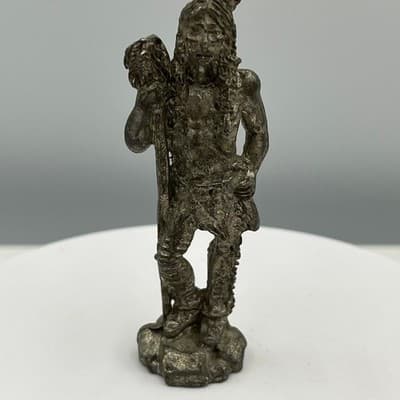 Vintage Hammered Metal Figural Statue Native Warrior Sculpture Small Figurine - Thumbnail 2