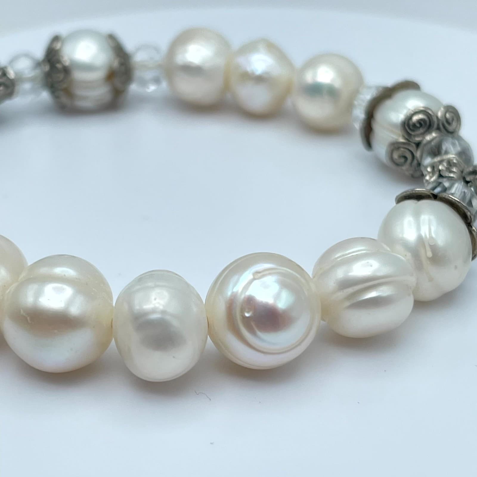 Religious Silver-Tone Mother Of Pearl Enamel Cross Charm Rosary Bracelet - Thumbnail 4