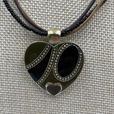 Vintage Multi Strand Cord & Bead Necklace Heart Pendant Black Brown Gold Tone - Thumbnail 3