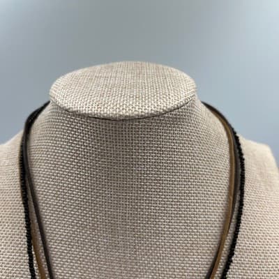 Vintage Multi Strand Cord & Bead Necklace Heart Pendant Black Brown Gold Tone - Thumbnail 2