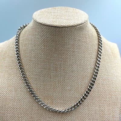 Vintage Silver Tone Cuban Link Chain Necklace Adjustable Lobster Clasp 16-18" - Image 1