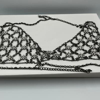 ZARA Statement Body Chain Necklace Black Tone Rhinestone Floral Mesh Overlay - Thumbnail 5