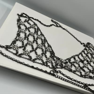 ZARA Statement Body Chain Necklace Black Tone Rhinestone Floral Mesh Overlay - Thumbnail 6