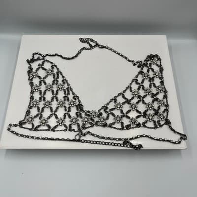 ZARA Statement Body Chain Necklace Black Tone Rhinestone Floral Mesh Overlay - Thumbnail 2