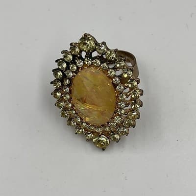 Vintage Statement Ring Gold Tone Opal Look Cabochon Rhinestone Halo Band Classic - Thumbnail 2