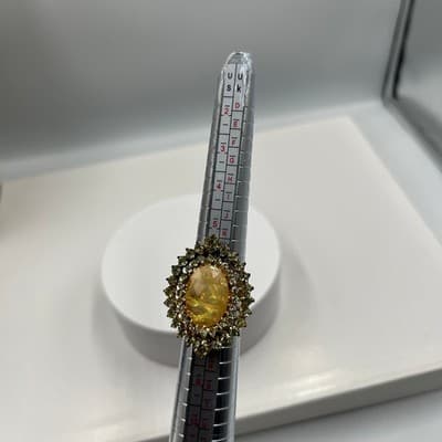 Vintage Statement Ring Gold Tone Opal Look Cabochon Rhinestone Halo Band Classic - Thumbnail 7