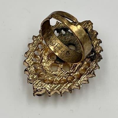 Vintage Statement Ring Gold Tone Opal Look Cabochon Rhinestone Halo Band Classic - Thumbnail 5