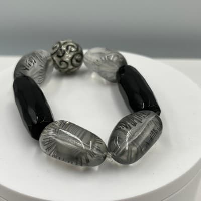 Vintage Chunky Stretch Bracelet Glass Beads Black Faceted & Silver Swirl Accent - Thumbnail 2